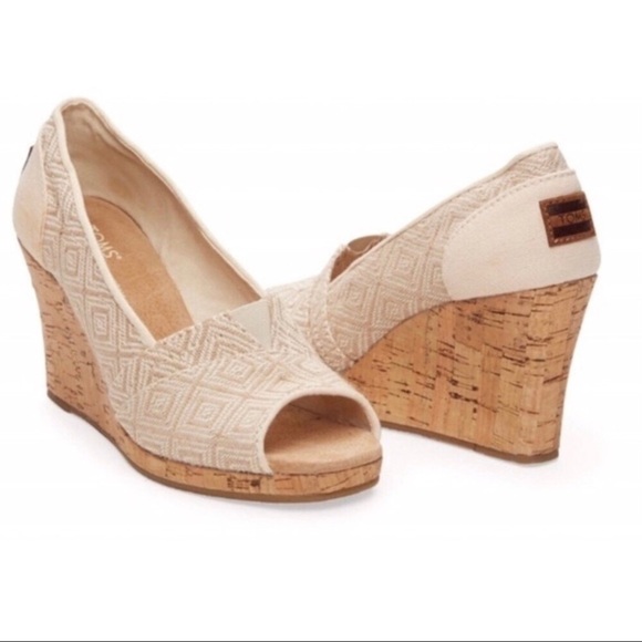 Toms Stella Beige Diamond Print Peep Toe Wedge Cork Heels - Picture 3 of 16